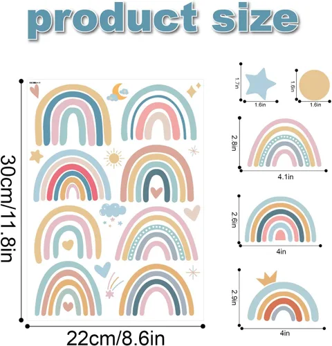Vista 5 de Calcomanías de pared de arco iris para habitación de niños, 76 piezas extraíbles de despegar y pegar, calcomanías de pared boho de estrellas