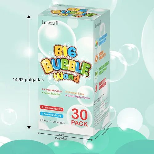 Vista 5 de Inscraft Paquete de 30 varitas de burbujas grandes de 14 pulgadas, 8 colores a granel para juguete de verano, uso de actividades al aire libre e