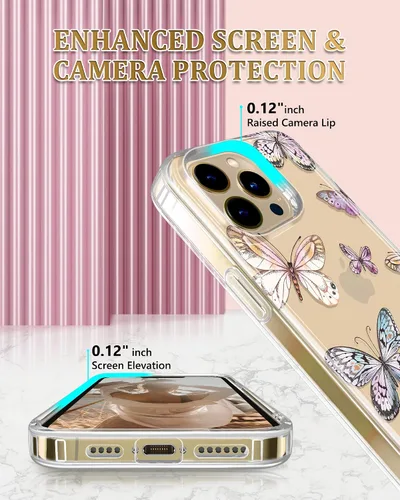 Vista 4 de Funda transparente compatible con iPhone 14 Pro chapado en oro, diseño de mariposa, a prueba de golpes, delgada, de poliuretano termoplástico