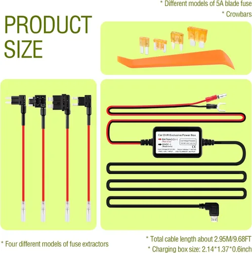 Vista 2 de Kit de cable micro USB para cámara de tablero de 9.68 pies, 12 V-30 V a 5 V 2.5 A, cargador de cámara de tablero de automóvil, fuente
