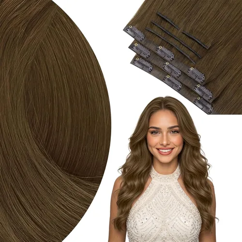 Vista 39 de Ve Sunny Extensiones de cabello clip-in de cabello humano real con reflejos, extensiones de cabello con clip para cabello corto, marrón oscuro