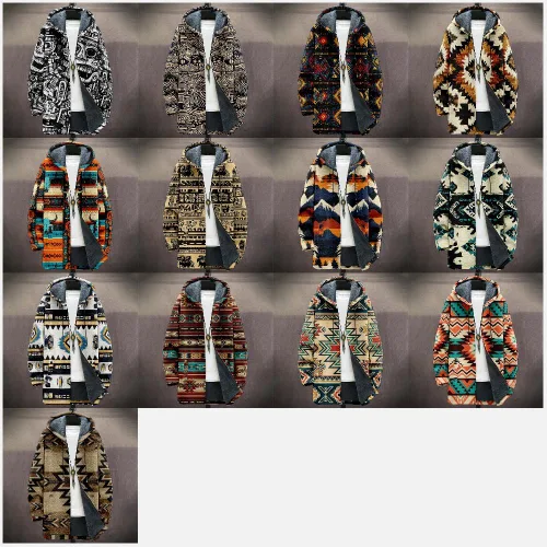 Vista 5 de Chaqueta de forro polar con capucha para hombre, con estampado azteca, de algodón pesado, con cremallera, manga larga, chaqueta con capucha