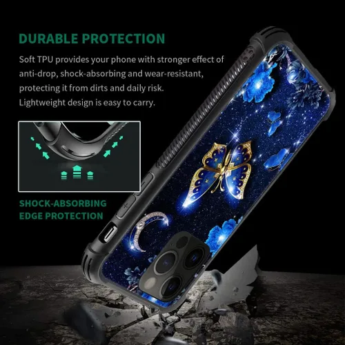 Vista 6 de Funda compatible con iPhone 14 Pro, fundas para mujeres y niñas, cielo azul, flor, luna y mariposa