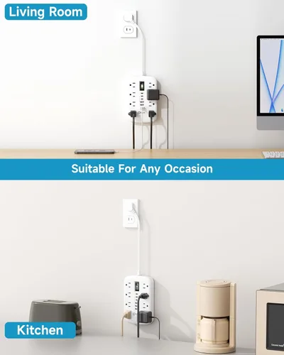 Vista 2 de Cable de extensión corto de 1 pie - Tira de alimentación de 2 clavijas 1700J, protector contra sobretensiones para electrodomésticos con 15A, 8