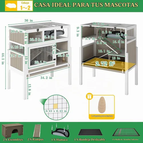 Vista 2 de Ketive Jaulas de conejillo de indias para interiores, jaula de madera para animales pequeños de 3 pisos con soporte