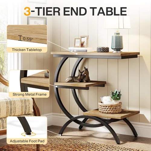 Vista 6 de Tribesigns Mesa Auxiliar en Forma de C, Mesa Auxiliar Industrial Pequeña de 3 Niveles para Sofá, Mesa de Noche de Madera Mesa Auxiliar de Aperitivos