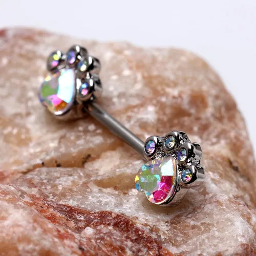 Vista 3 de Pierced Owl 14GA 316L Acero inoxidable Aurora Borealis CZ Crystal Dog Paw Nipple Barbells, se venden por par, Metal, Circonia cúbica