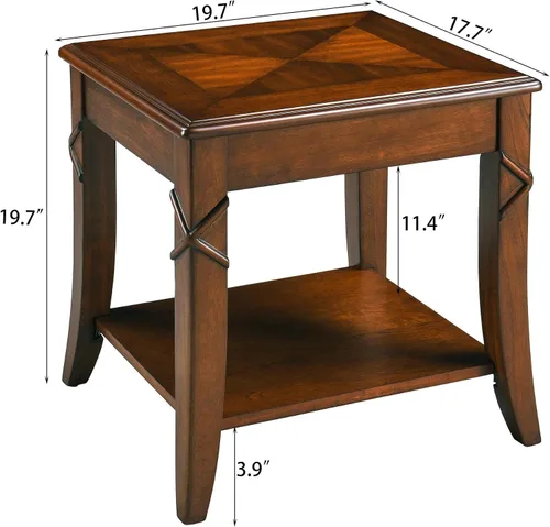 Vista 2 de Mesa auxiliar de madera maciza con estante de almacenamiento, mesa auxiliar rectangular vintage para sofá con mesa de empalme y patas talladas, mesa