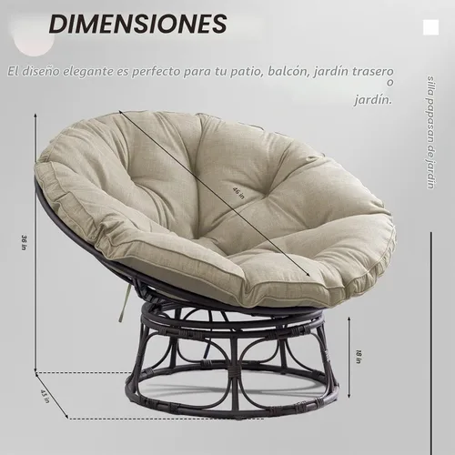 Vista 3 de Joyside Papasan - Silla con cojín y marco, silla Papasan de mimbre de 46 pulgadas, silla de platillo grande, marco marrón con cojín beige
