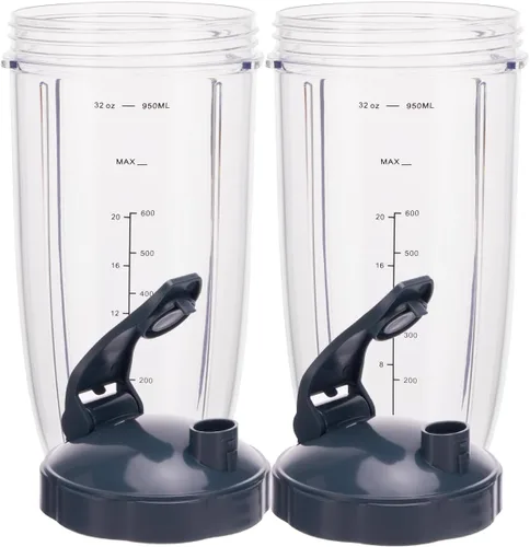 Vista 4 de [Actualización] Paquete de 2 vasos de licuadora de repuesto de 32 onzas con tapa abatible compatible con licuadora NutriBullet 600 W/900 W