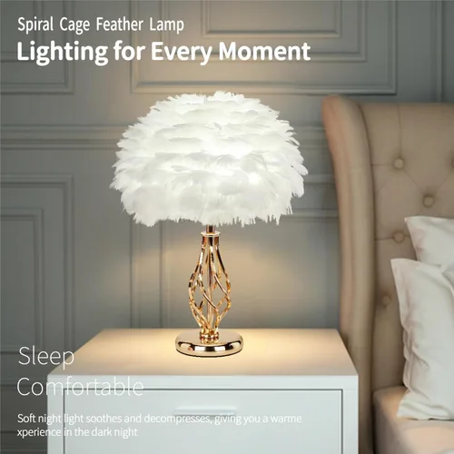 Vista 5 de Lámpara de Mesa de Pluma con Base de Jaula Espiral Dorada Única - Luz de 3 Temperaturas de Color, Perfecta para Mesita de Noche del Dormitorio