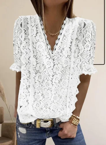 Vista 2 de SHEWIN Blusas estilo bohemio con encaje y cuello en V para mujer
