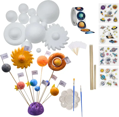 Vista 3 de Kit de modelo de sistema solar para manualidades, el kit de proyecto del sistema solar incluye bolas de espuma, bandeja de mezcla, cepillos, palos