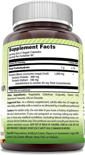 Vista 2 de Amazing India Curcumina de cúrcuma de 1000 mg por porción Suplemento de 120 cápsulas vegetales Mezcla de polvo de cúrcuma y extracto de cúrcuma