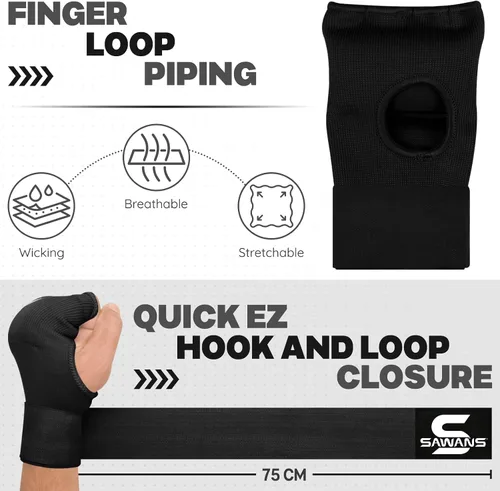Vista 4 de SAWANS Guantes interiores de boxeo para protección de manos, correas largas elásticas, acolchadas para artes marciales, guantes de combate