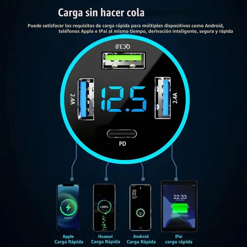 Vista 5 de Cargador de coche USB C de 4 puertos, adaptador de cargador USB con voltímetro PD 3.0 y QC 3.0 de carga rápida para iPhone 17/16/15, Samsung Galaxy