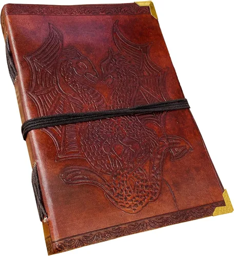 Vista 6 de AzureGreen Libro de páginas en blanco de doble dragón, hecho a mano, de cuero, sin forro, diario de 5 x 7 pulgadas (esquina dorada marrón)