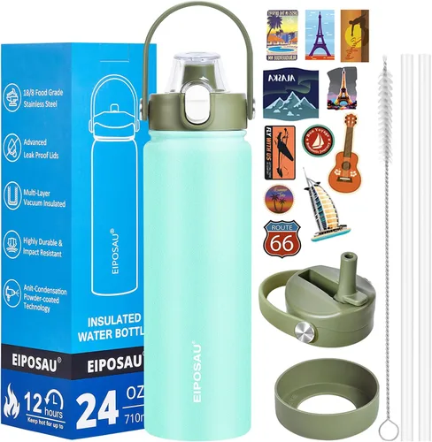 Vista 37 de Botella de agua aislada con tapa, bota y calcomanías, botella de acero inoxidable de 24 onzas, sin sudor, mantiene el frío las 24 horas, botella