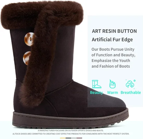 Vista 3 de ALTOCIS Botas de nieve de invierno con forro de piel para mujer, botas cortas de media pantorrilla, botas de moda con botón de resina sintética