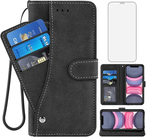 Vista 12 de Funda compatible con iPhone Xs X 10 y 10s y protector de pantalla de vidrio templado, funda para monedero, tarjetero con cordón, fundas