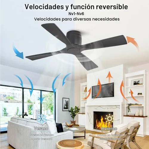 Vista 5 de WINGBO - Ventilador de techo sin luz - 48 pulgadas, ventilador de techo empotrado de madera sólida con control remoto, 4 aspas reversibles, motor DC