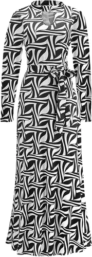 Vista 3 de FOVIGUO Vestido largo de manga larga con abertura para mujer, estampado floral, elegante, con cinturón
