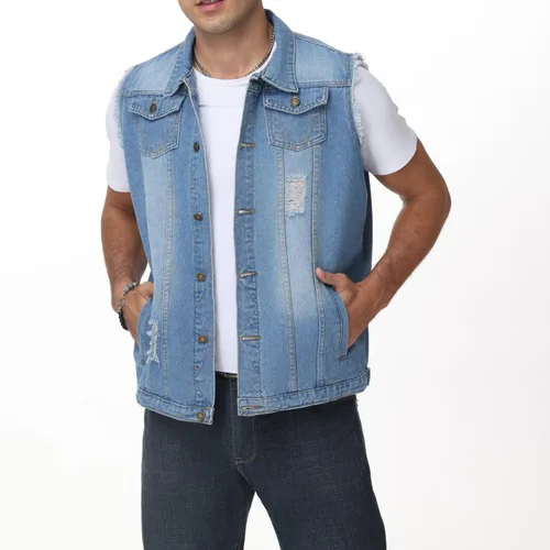Vista 2 de NASKY Chaleco de mezclilla sin mangas ajustado retro rasgado para hombre y chaqueta de mezclilla