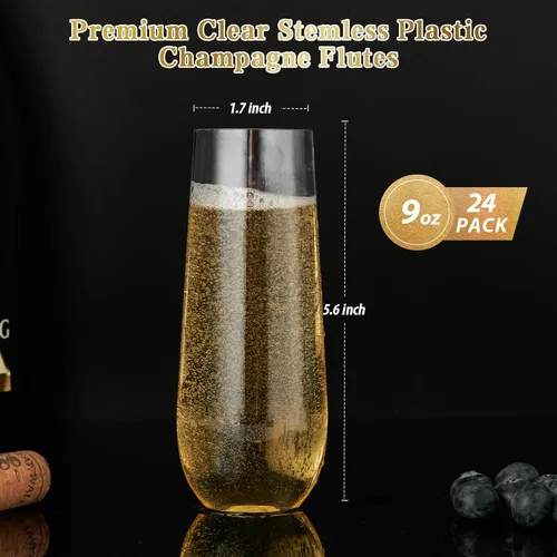Vista 5 de FOCUSLINE Paquete de 24 Copas de Champán de Plástico Transparente de 9 Oz, Copas de Champán de Plástico Sin Tallo Transparentes, Vasos para Brindis