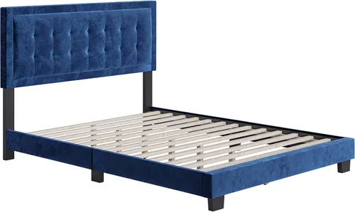 Vista 3 de Boyd Sleep Pisa - Base de cama de terciopelo azul tamaño Queen totalmente tapizada con cabecero ajustable, no requiere somier, fácil montaje, sin
