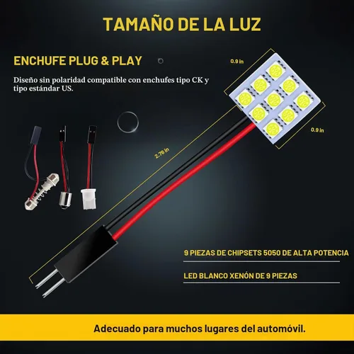 Vista 4 de YM E-Bright - Pack de 6 luces LED de color blanco frío 5050 9SMD para auto, luz interior de lectura DC 12V con adaptadores T10/BA9S/Festoon