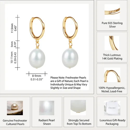 Vista 4 de LILY LUSTRE - Aretes colgantes de plata de ley 925 chapados en oro de 14 quilates, seleccionados a mano, calidad AAAA, color blanco natural