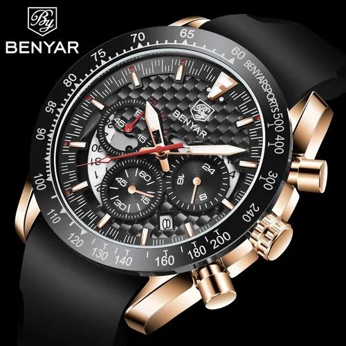 Vista 2 de BENYAR Fashion Men's Quartz Chronograph Waterproof Silicone Watches Business Casual Sport Design Wrist Watch for Men Perfect for Father Son Black