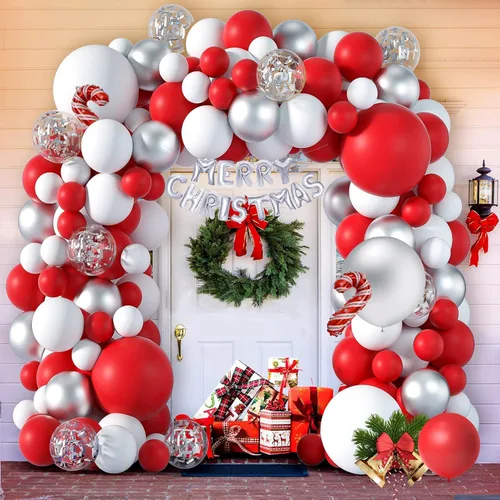 Vista 3 de Kit de arco de globos de Navidad, kit de guirnalda de globos rojos y blancos con caja de regalo, globos de aluminio de Feliz Navidad para Xmas01