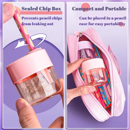 Vista 5 de Paquete de 3 sacapuntas manuales, diseño de doble agujero con contenedor de virutas, sacapuntas de colores portátiles para aula, oficina