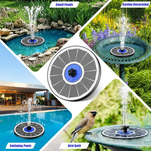 Vista 9 de SZMP Fuente solar de 3.5 W/4 W con batería de 4000 mAh, boquillas 7 en 1, 4 tubos fijos, luces LED, función de agua al aire libre para jardín