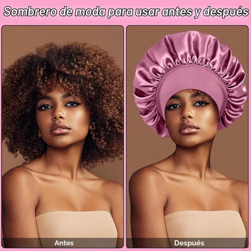 Vista 2 de 4 gorros de satén de seda para dormir, banda ancha elástica para mujeres y hombres, gorros de seda para cabello rizado para dormir