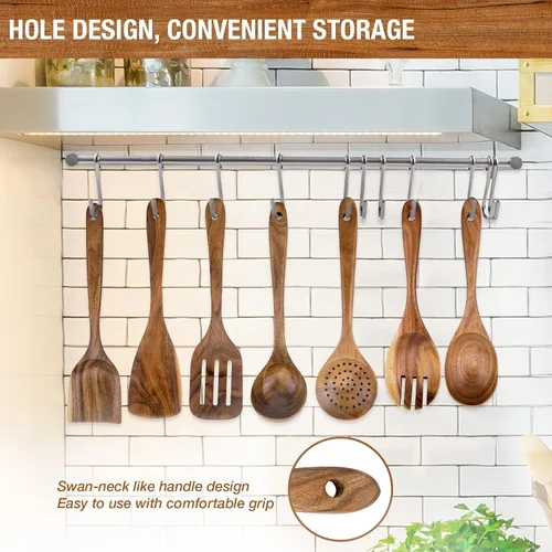 Vista 4 de Cuchara de madera de teca prémium para cocinar, juego de utensilios de cocina de madera antiadherentes de 10 piezas, cucharas de madera resistentes