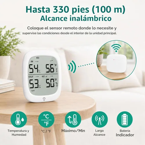 Vista 2 de RUIKORING Indoor Outdoor Thermometer Wireless Hygrometer, 330 ft Sensor