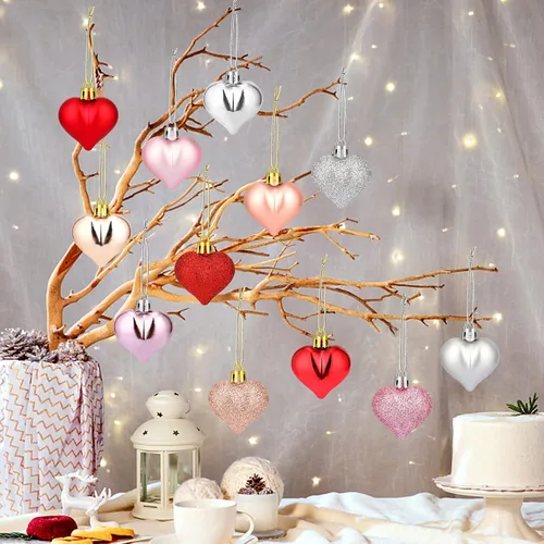 Vista 4 de JUNEBRUSHS 48 adornos en forma de corazón de San Valentín, decoraciones de corazón con purpurina de oro rosa, bolas colgantes para árbol de Navidad