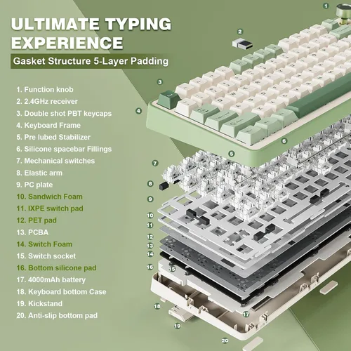 Vista 4 de YUNZII Teclado mecánico inalámbrico B75 PRO, diseño del 75% con perilla, estructura de junta de intercambio en caliente, interruptores prelubricados
