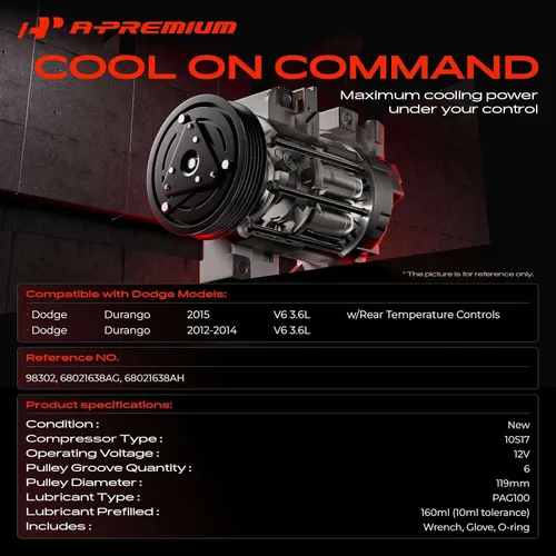 Vista 2 de A-Premium Compresor de aire acondicionado con embrague compatible con Dodge Durango 3.6L 2012-2015, solo con A/C trasero