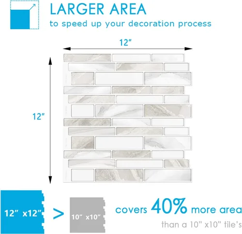 Vista 7 de Vamos Tile 10 azulejos autoadhesivos en lámina para loseta en muro, 12 x 12 pulgadas, diseño de color claro, para loseta en muro de cocina y baño