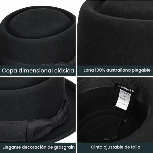 Vista 2 de Pork Pie Hat for Men/Women Wool Felt Fedora Boater Porkpie Flat Top Derby Black