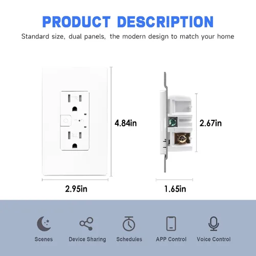 Vista 4 de Salida inteligente Matter 15A, Google Home, Alexa, SmartThings, solo 2.4G, paquete de 2 Aplicación y control de voz, sin puente, funciona