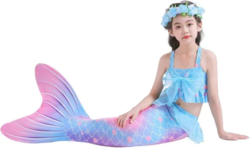 Vista 5 de Cola de sirena para niños, traje de baño para natación, novedad con lazo grande, sirenas, cosplay, traje de baño para niñas