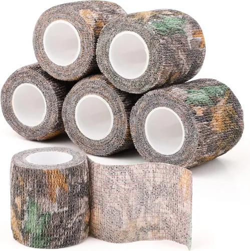 Vista 7 de Cinta adhesiva de camuflaje de 6 rollos, 1/2/3/4 pulgadas x 14.8 pies, vendaje autoadhesivo de camuflaje para acampar al aire libre, tira elástica
