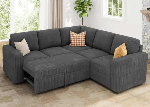 Vista 8 de HONBAY Sofá cama modular modular con cama extraíble, sofá en forma de L con almacenamiento, sofás modulares seccionales para sala de estar