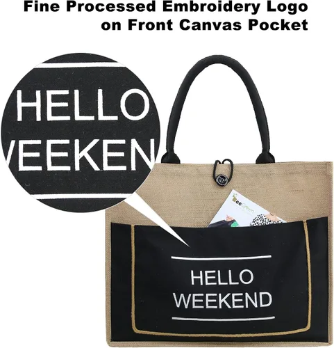 Vista 3 de BeeGreen Bolsa de playa de yute para mujer Hello Weekend Vibes extra grande de 20 x 16 x 7.25 pulgadas, bolsa de playa bordada de arpillera