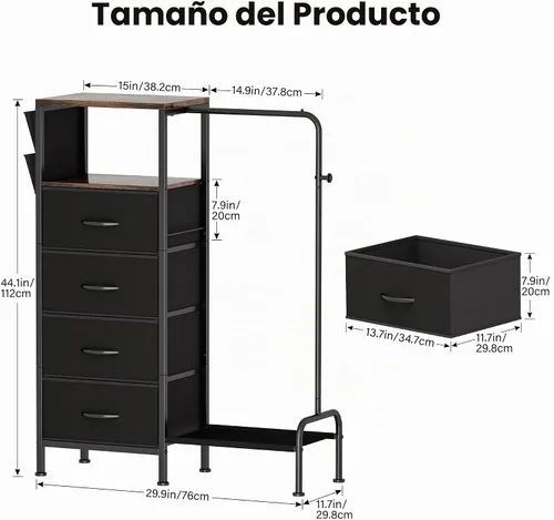 Vista 3 de Homeiju Cómoda con estante para colgar, cómoda reversible para dormitorio con 4 cajones y perchero y bolsillos laterales, cómoda con perchero, Negro