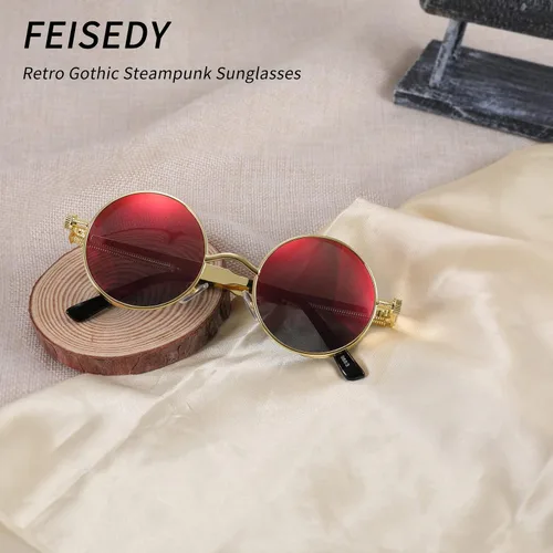 Vista 5 de FEISEDY Gafas de sol retro góticas steampunk con marco de metal redondo inspirado en el círculo punk B1857